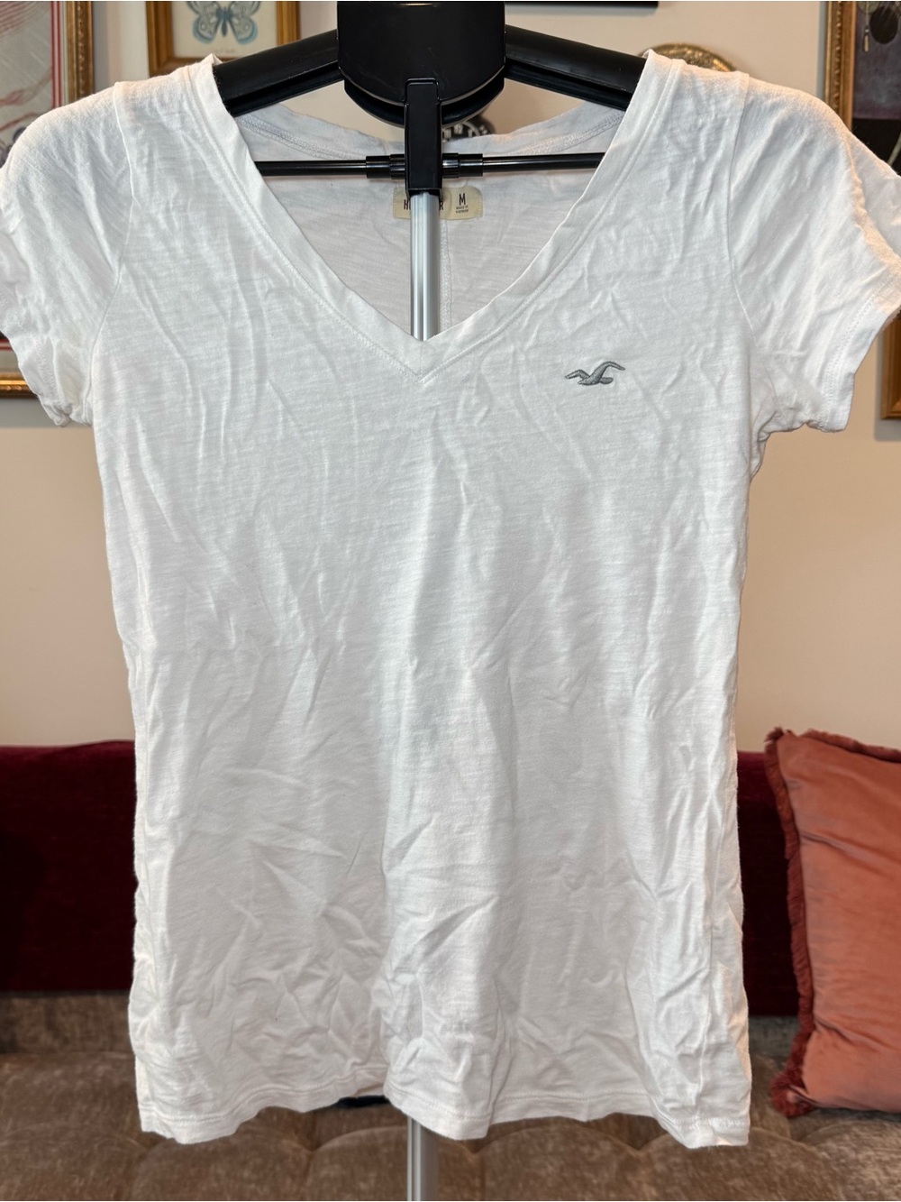 Hollister Women's White V-Neck Embroidered Logo Tee